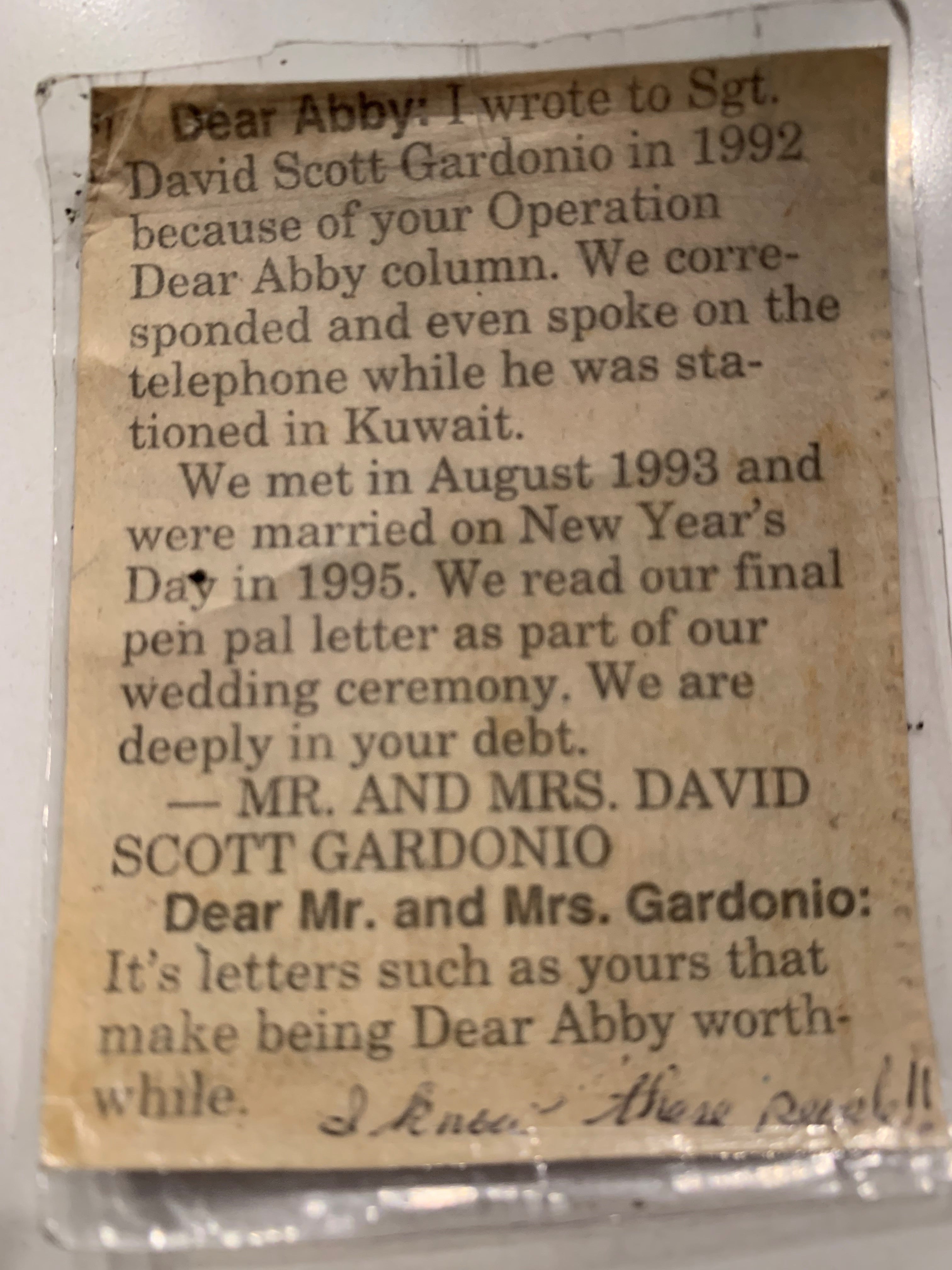 The newspaper clipping of Kandi's note to Dear Abby and the published response.