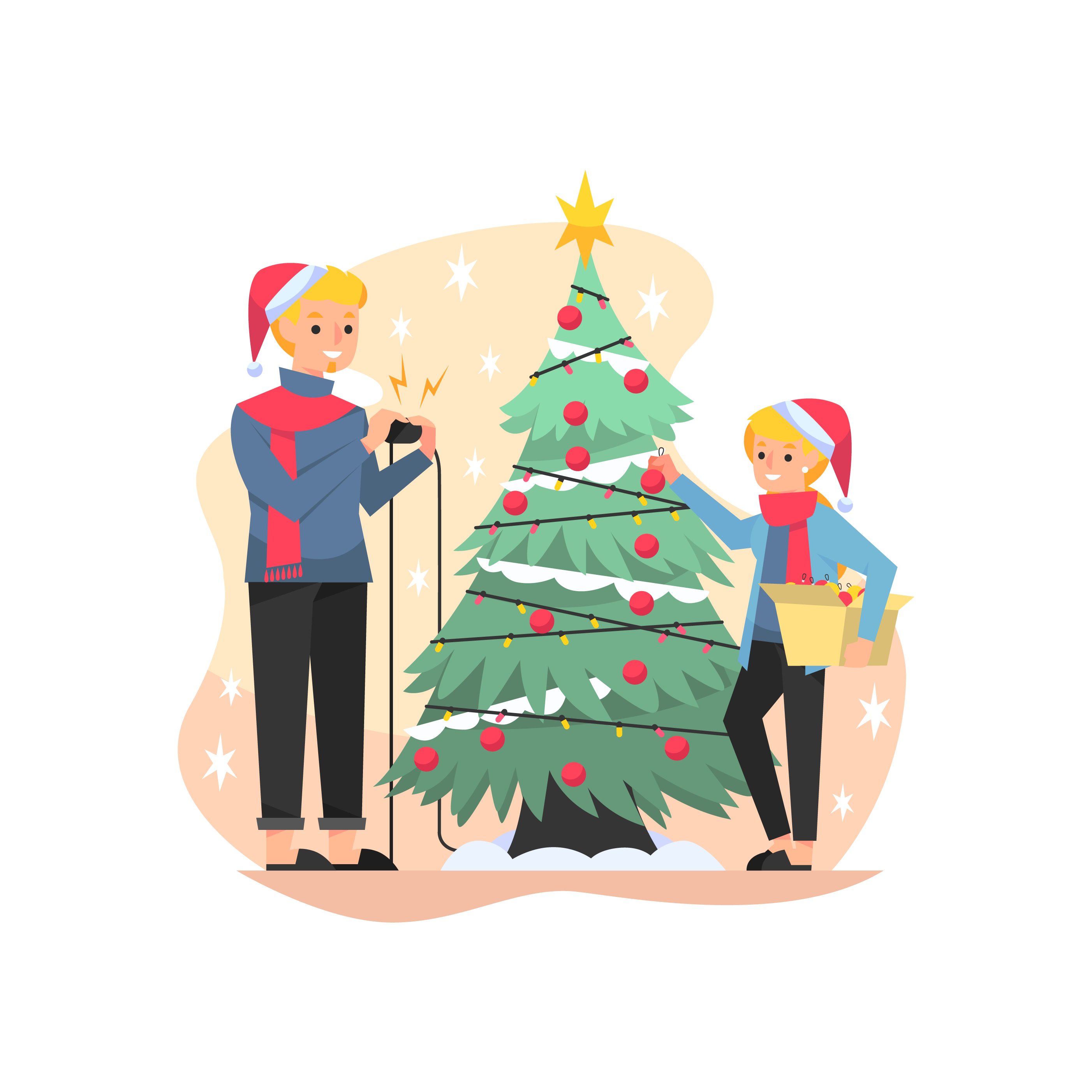 Graphic of woman and man lighting up Christmas tree with extension cord
