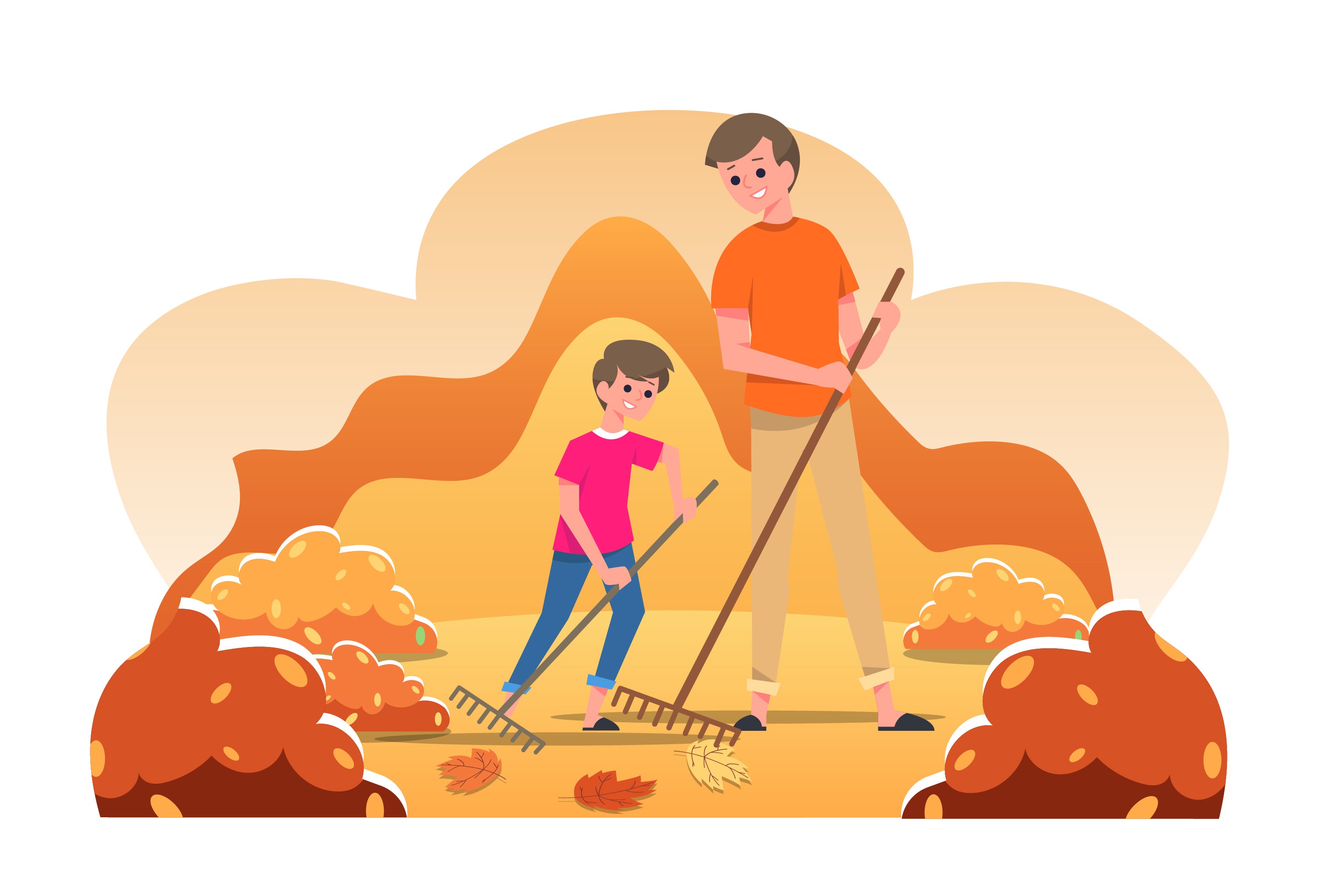 Graphic of father and child raking leaves together