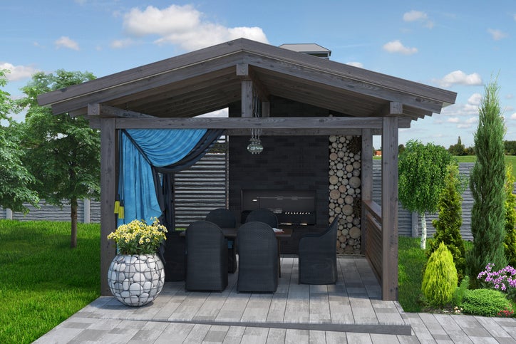 The pictures shows a peaceful backyard pergola, with several chairs around a table.
